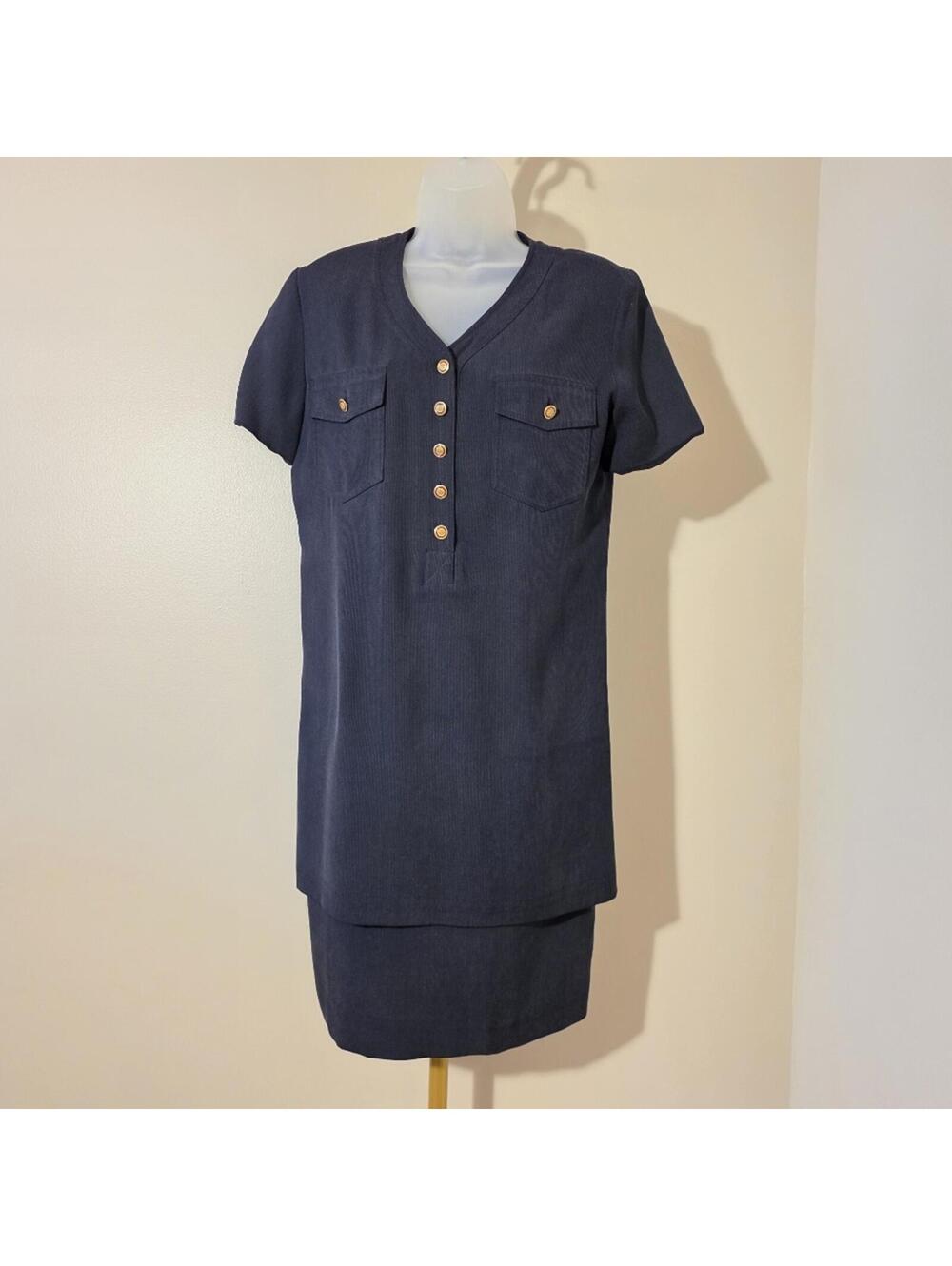 Vintage Retro Evan Picone Navy Blue Silk Shirt dress sz 8